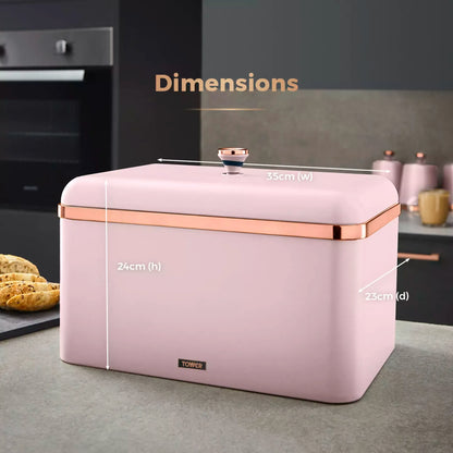 Marshmallow pink Tower Cavaletto bread bin with rose-gold trim and countertop size