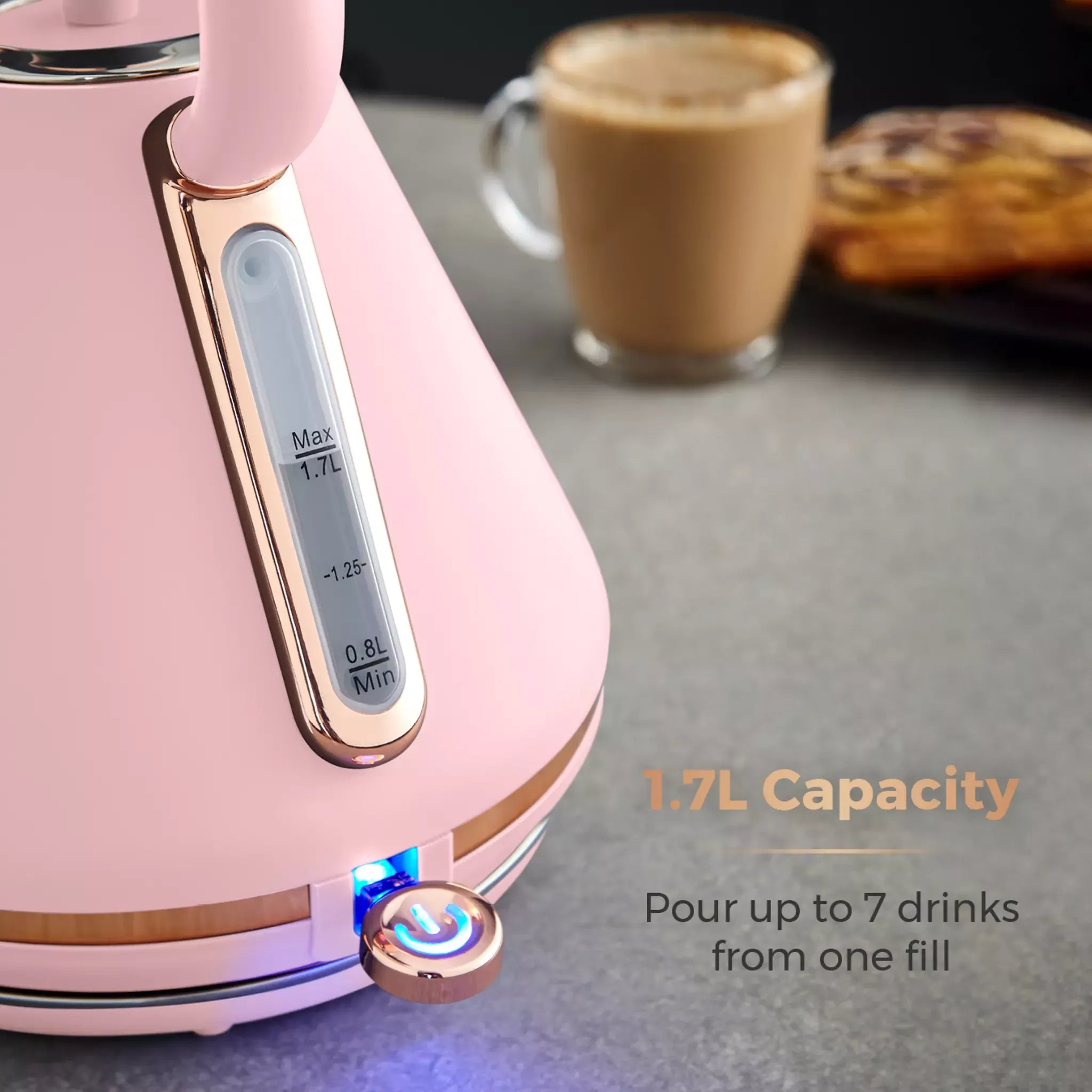 Marshmallow pink kettle showing 1.7L water level indicator and base light