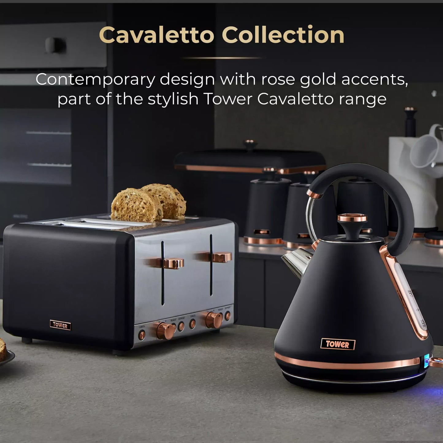 Tower Tower Cavaletto Pyramid Kettle, 4 Slice Toaster & Canisters Kitchen Set (Black)