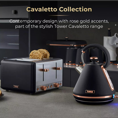 Tower Tower Cavaletto Pyramid Kettle, 4 Slice Toaster & Canisters Kitchen Set (Black)