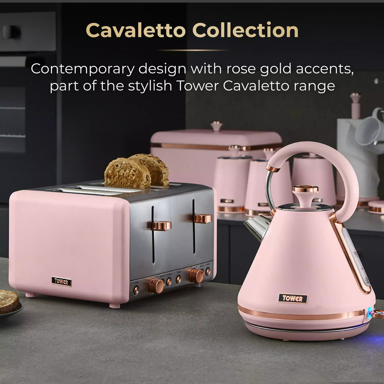 Marshmallow pink kettle and 2-slice toaster set with rose-gold accents