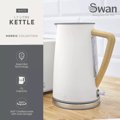 Swan Swan Nordic Kettle, 2 Slice Toaster, Bread Bin & Canisters Kitchen Set (Cotton White)