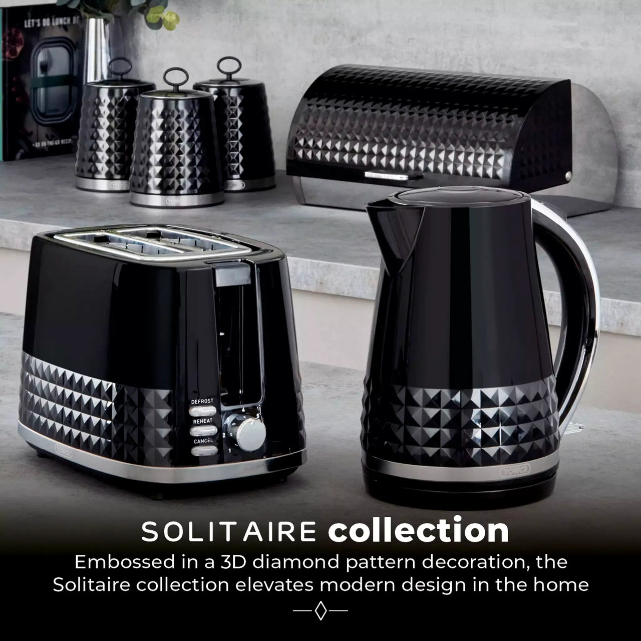 Tower Solitaire Jug Kettle & 2 Slice Toaster Kitchen Set (Black)