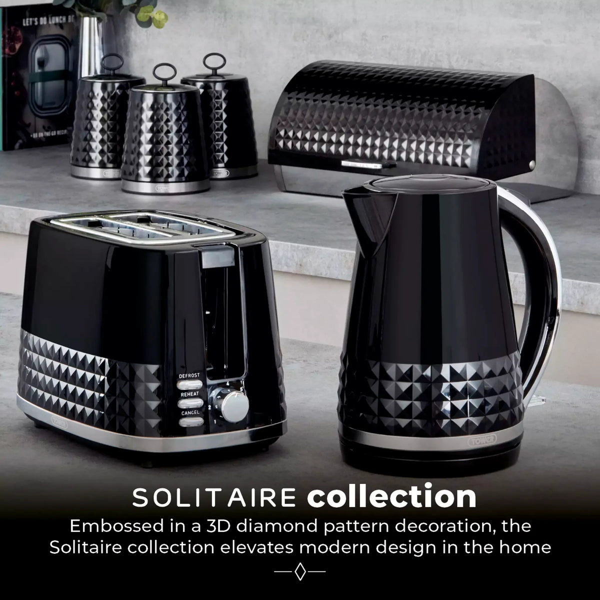 Tower Tower Solitaire Jug Kettle & 2 Slice Toaster Kitchen Set (Black)