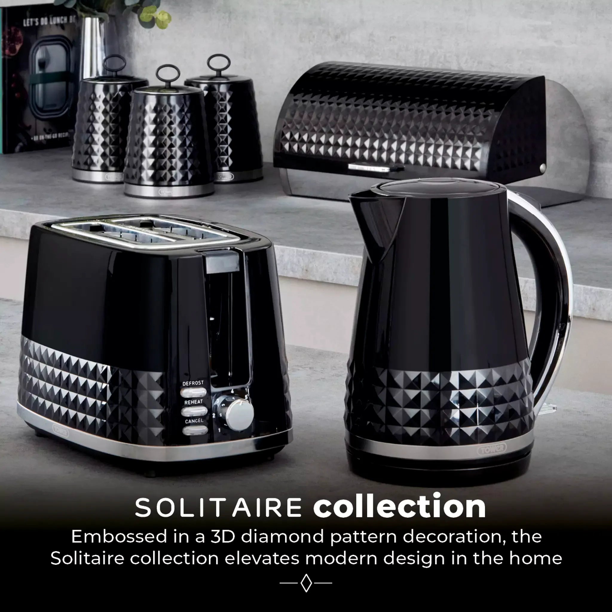 Tower Solitaire Jug Kettle & 2 Slice Toaster Kitchen Set (Black)