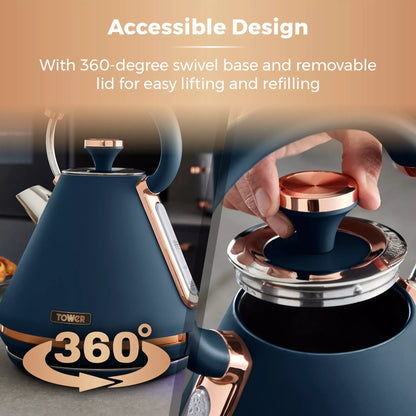 Blue electric kettle on 360° swivel base with removable lid, hand lifting