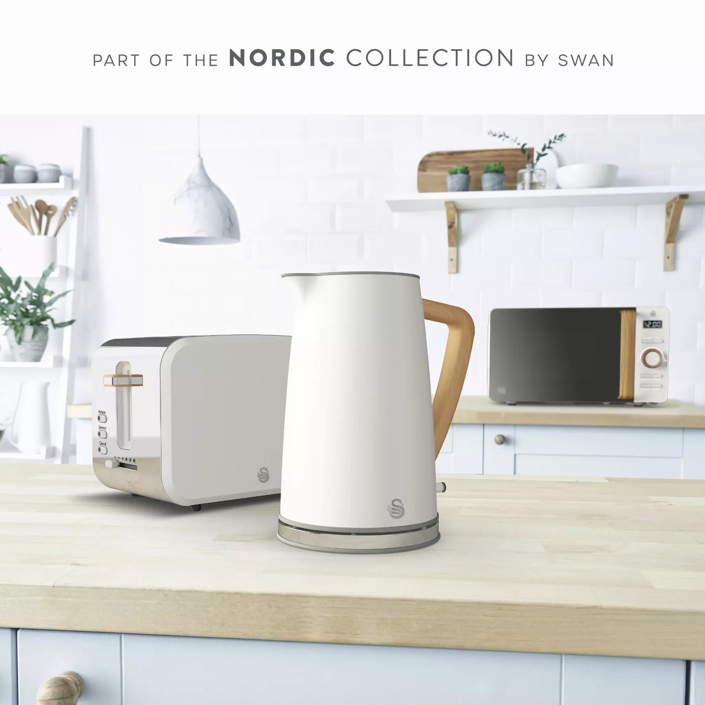 Swan Swan Nordic Kettle, 2 Slice Toaster, Bread Bin & Canisters Kitchen Set (Cotton White)