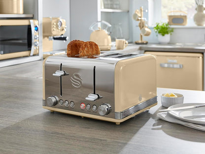 Swan Retro Kettle, 4 Slice Toaster, Bread Bin, Canisters & Towel Pole Set (Cream)