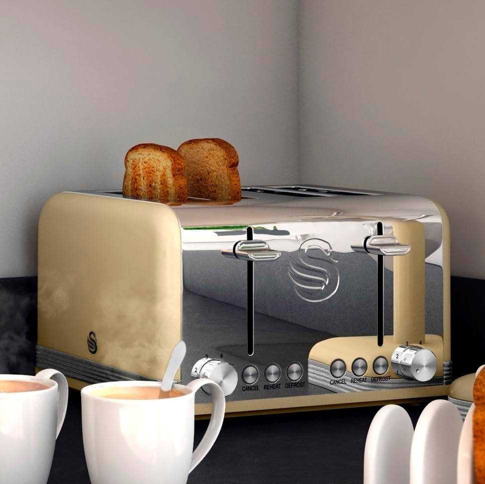Swan Retro Kettle, 4 Slice Toaster, Bread Bin, Canisters & Towel Pole Set (Cream)