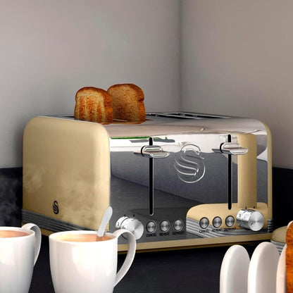 Swan Retro Kettle, 4 Slice Toaster, Bread Bin, Canisters & Towel Pole Set (Cream)
