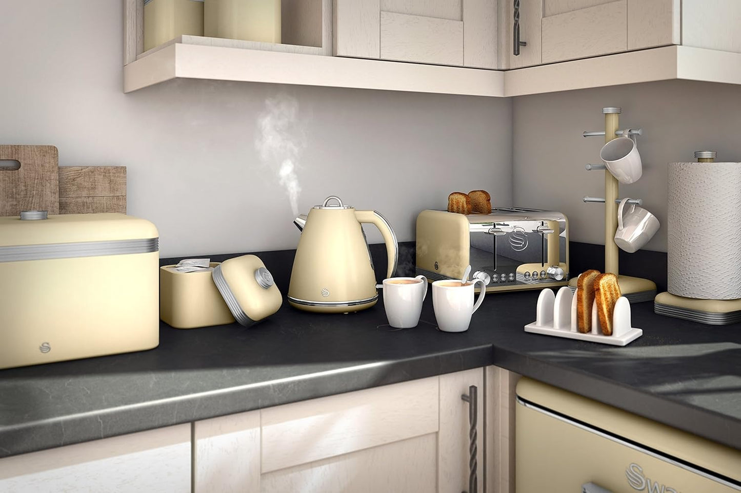 Swan Retro Kettle, 4 Slice Toaster, Bread Bin, Canisters & Towel Pole Set (Cream)