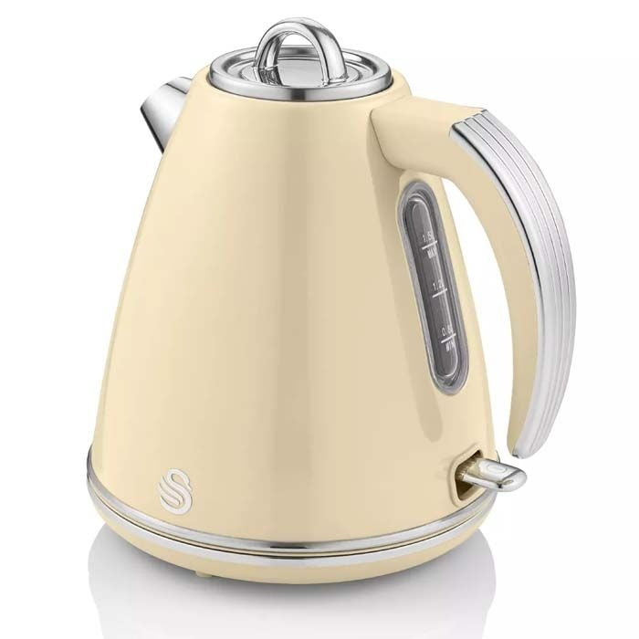 Swan Retro Kettle, 4 Slice Toaster, Bread Bin, Canisters & Towel Pole Set (Cream)