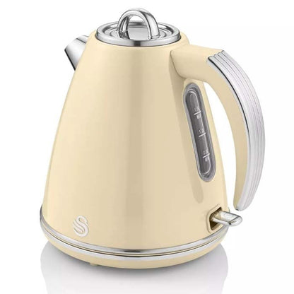 Swan Retro Kettle, 4 Slice Toaster, Bread Bin, Canisters & Towel Pole Set (Cream)