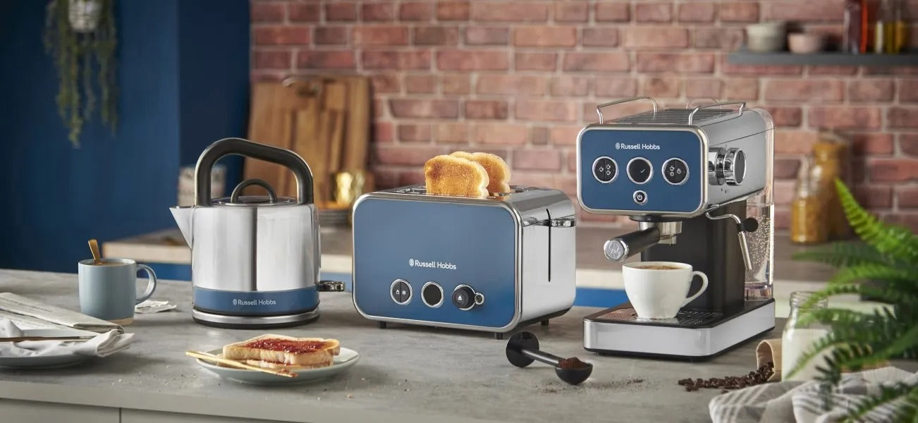 Russell Hobbs Distinctions Pyramid Kettle & 2 Slice Toaster Kitchen Set (Ocean Blue)