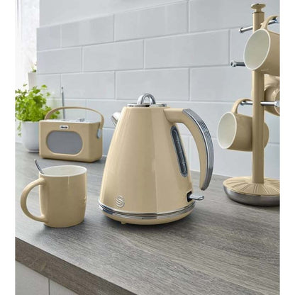 Swan Retro Kettle, 4 Slice Toaster, Bread Bin, Canisters & Towel Pole Set (Cream)