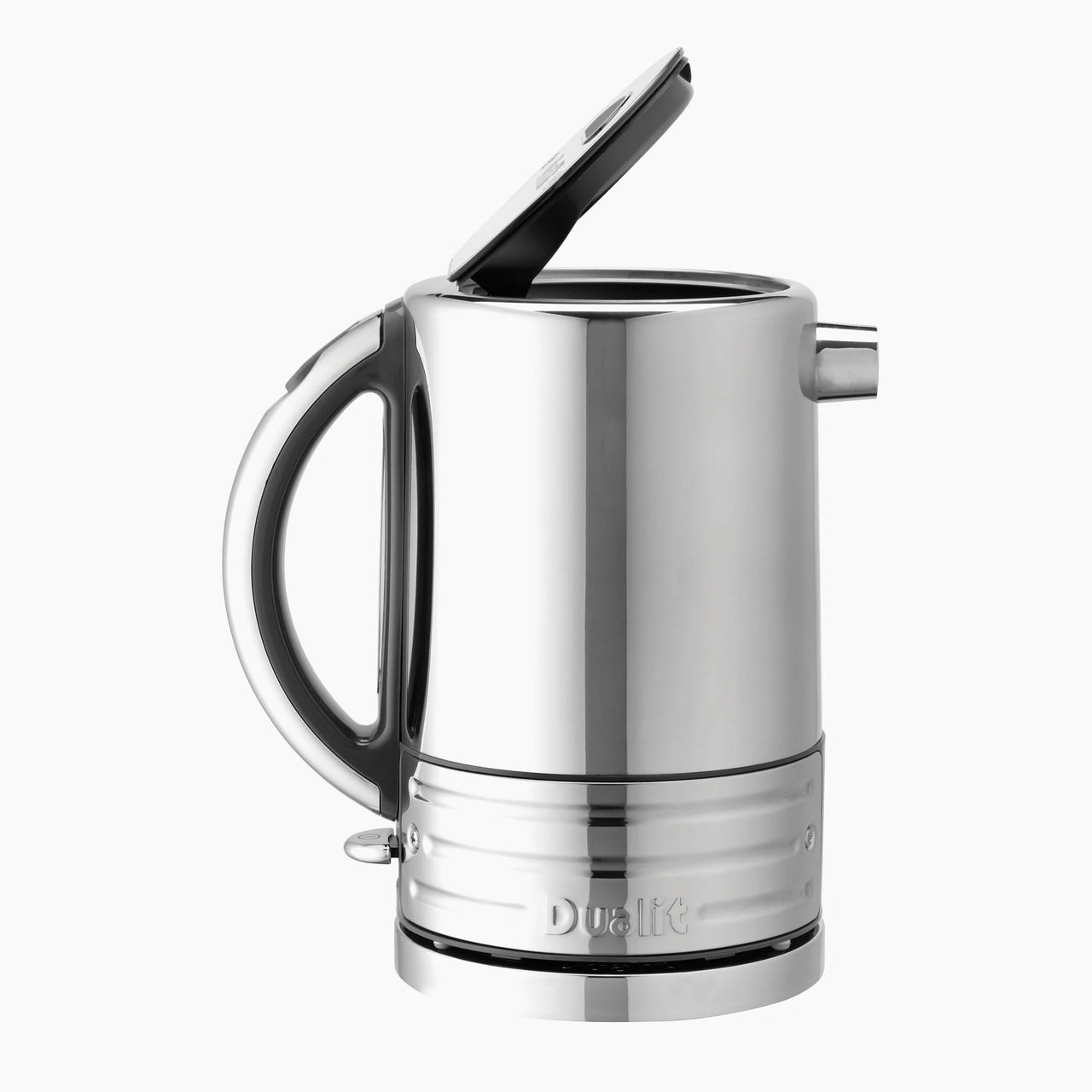 Stainless steel kettle with handle and open lid, countertop appliance close-up