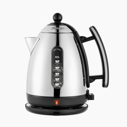 Dualit electric kettle, chrome body with black lid and handle; base light indicator showing