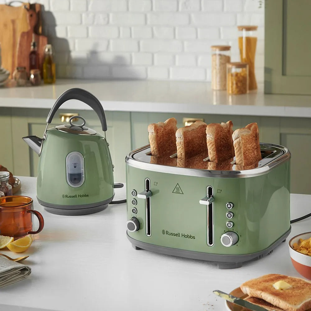 Russell Hobbs Russell Hobbs Stylevia Pyramid Kettle & 4 Slice Toaster Kitchen Set (Sage Green)
