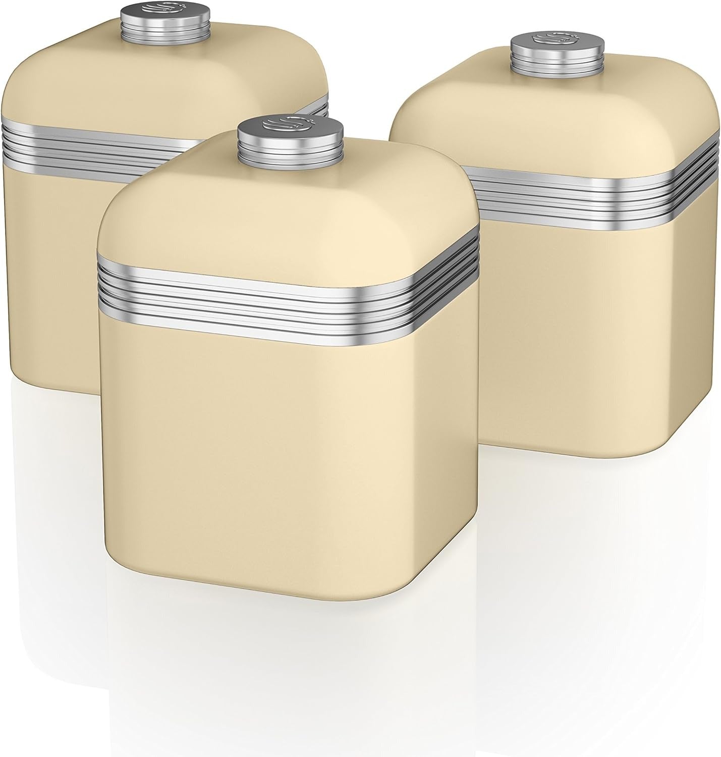 Swan Retro Kettle, 4 Slice Toaster, Bread Bin, Canisters & Towel Pole Set (Cream)
