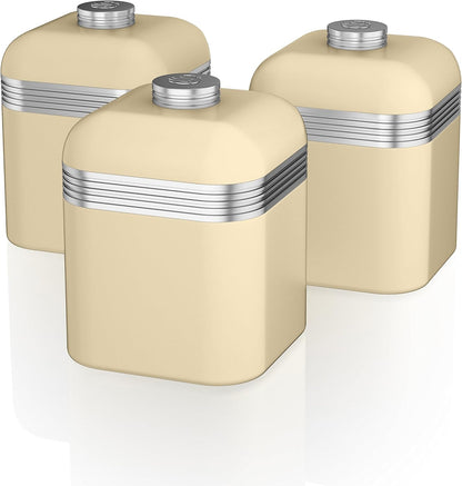 Swan Retro Kettle, 4 Slice Toaster, Bread Bin, Canisters & Towel Pole Set (Cream)