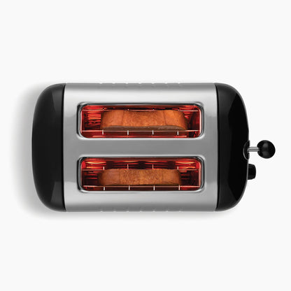 Dualit 2-slice toaster with two toasting slots, black sides, and silver front
