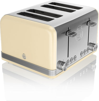 Swan Retro Kettle, 4 Slice Toaster, Bread Bin, Canisters & Towel Pole Set (Cream)