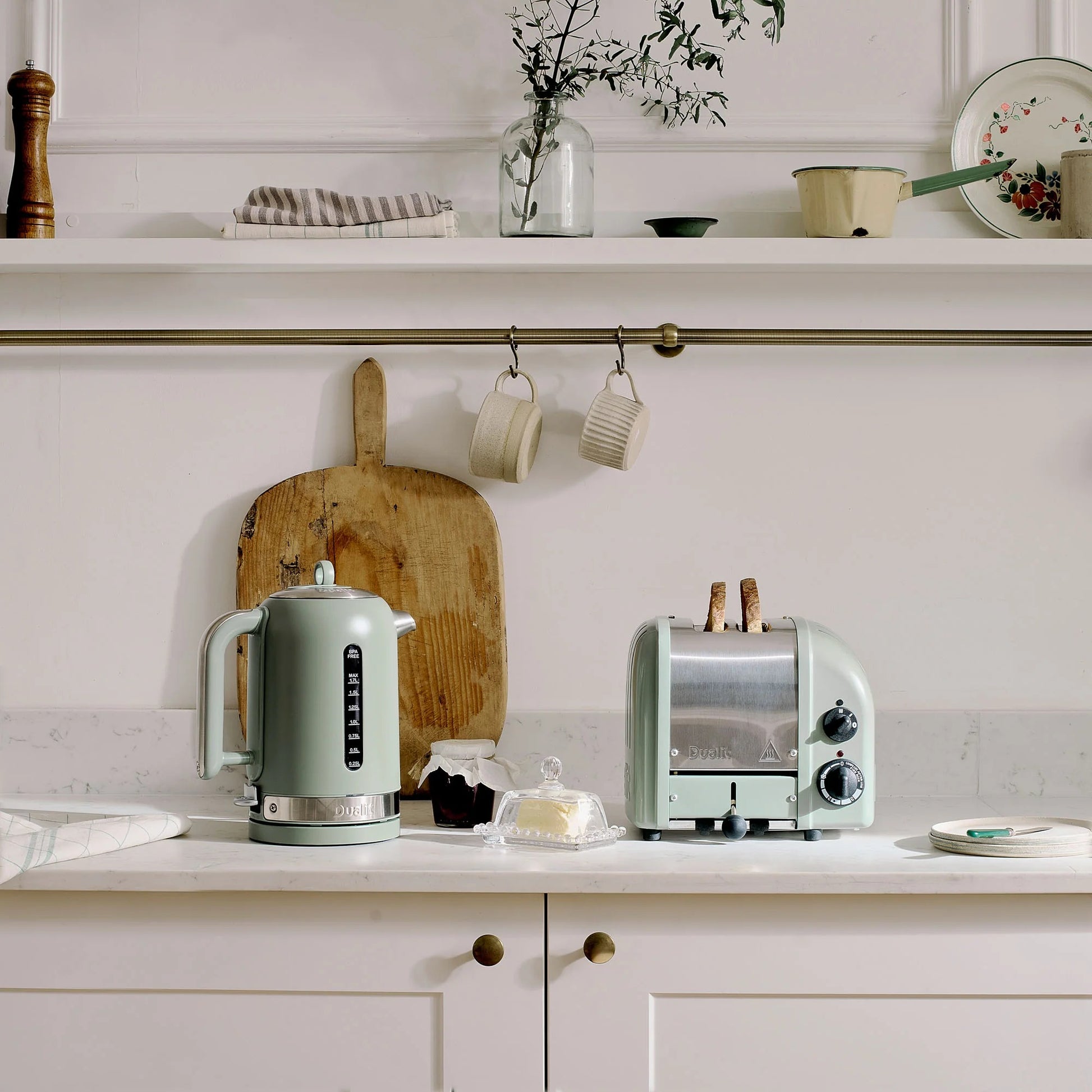 Dualit Classic Kettle & 2 Slice Vario AWS Toaster Kitchen Set (Stainless Steel & Sage) Kettle & Toaster Sets