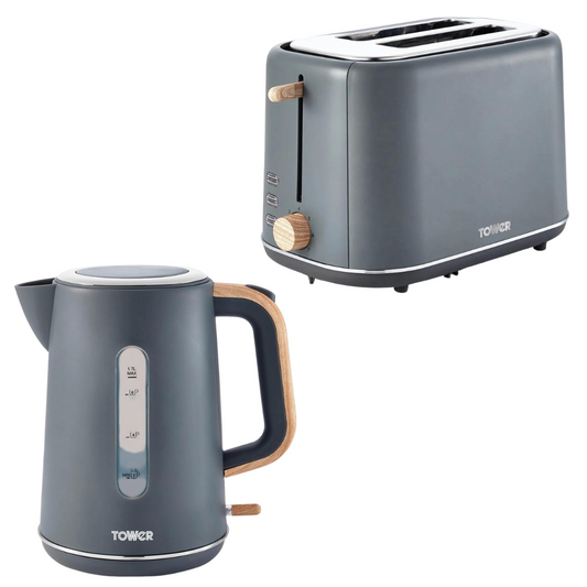 Tower Scandi Kettle & 2 Slice Toaster Kitchen Set (Dark Grey)