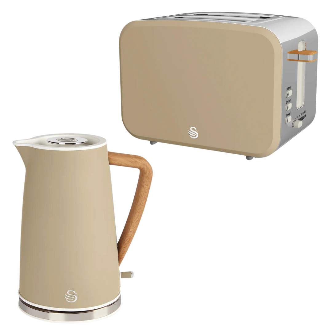 Swan Nordic Kettle & 2 Slice Toaster Kitchen Set (Oatmeal Brown)