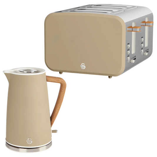 Swan Nordic Kettle & 4 Slice Toaster Kitchen Set (Oatmeal Brown)