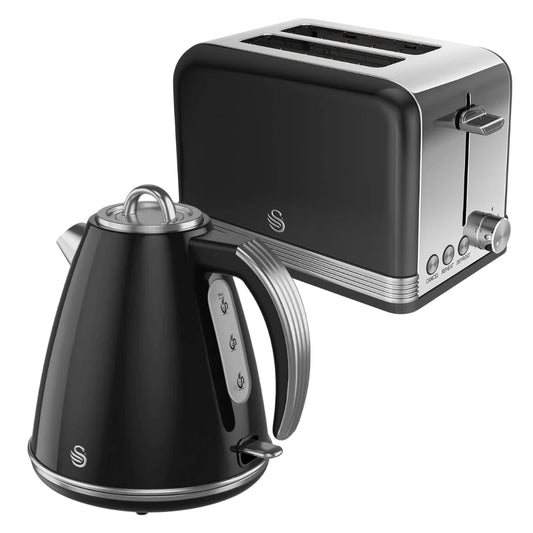 Swan Retro Kitchen Black Kettle and Toaster Set