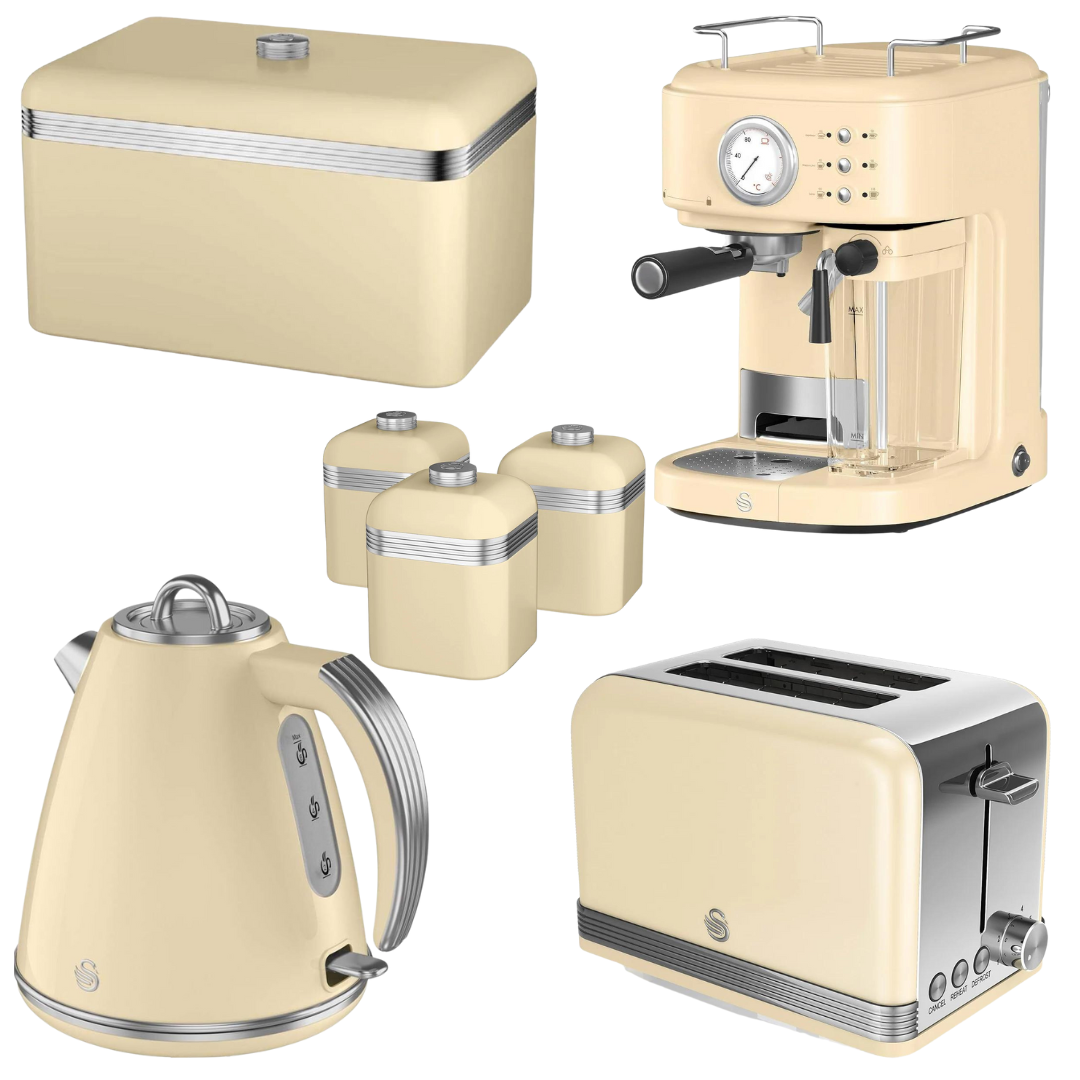 Swan Cream  Coffee Machine, Kettle, Toaster, Canisters, Bread Bin Kitchen Set