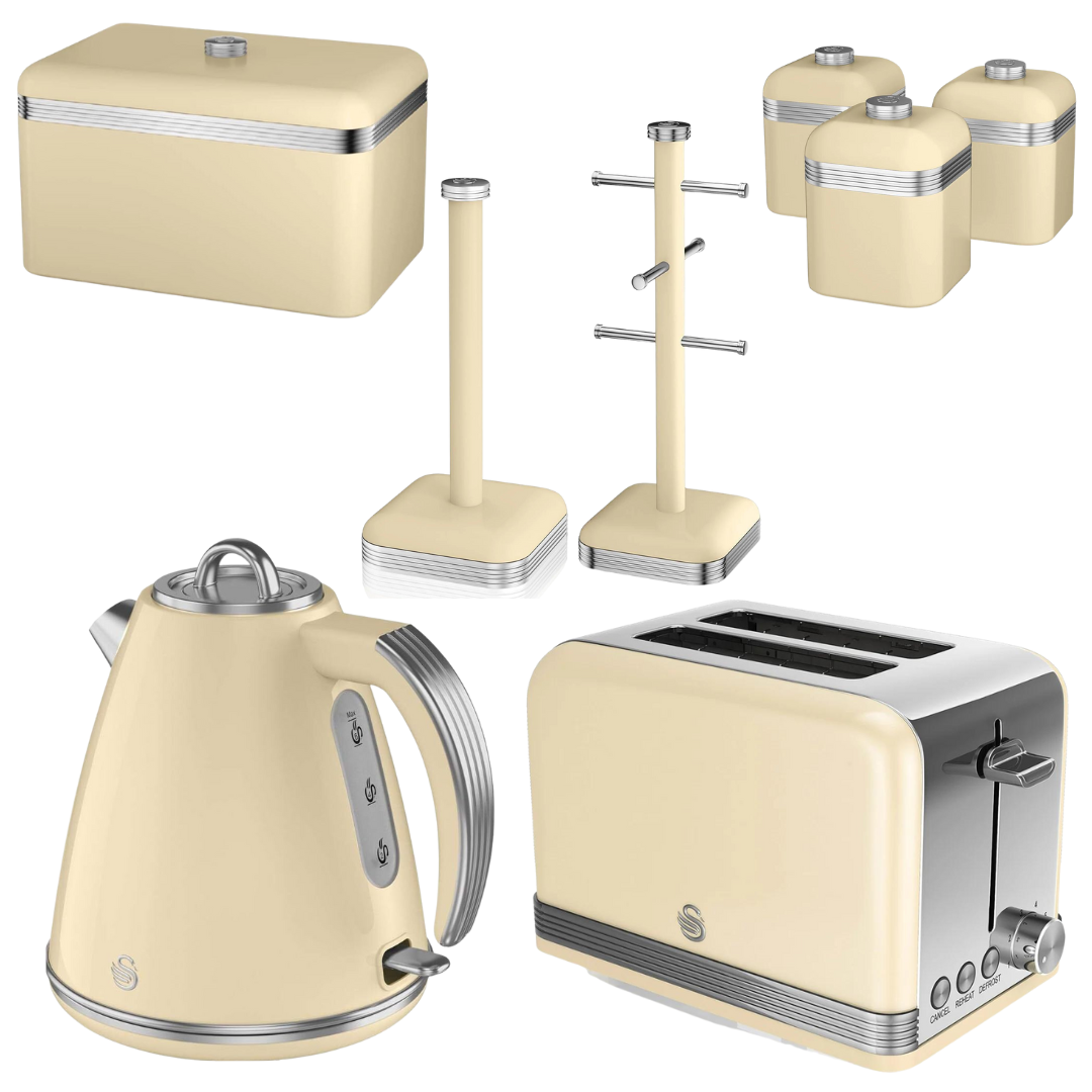 Swan Retro Kitchen Set Cream Kettle, Toaster, Bread Bin, Canisters, Towel Pole, Mug Tree