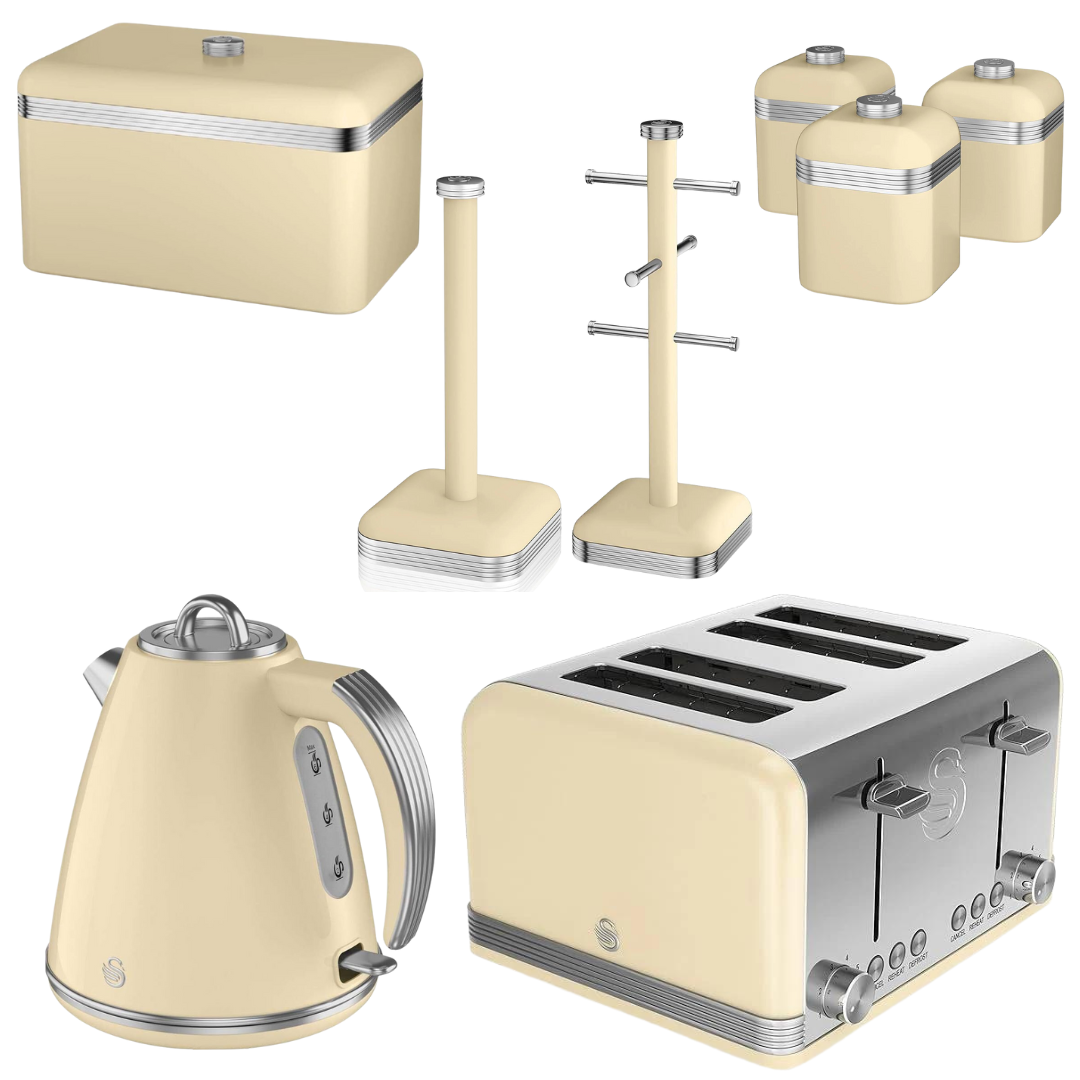 Swan Retro Kitchen Set Cream Kettle, 4 Slice Toaster, Bread Bin, Canisters, Towel Pole, Mug Tree