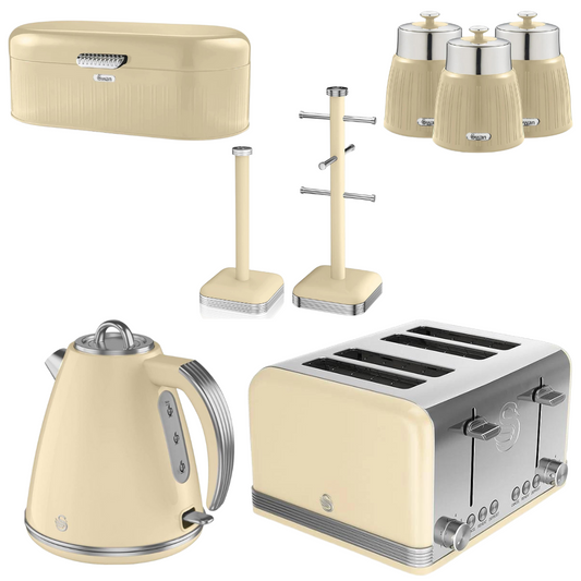 Swan Retro Kitchen Set Cream Kettle, 4 Slice Toaster, Bread Bin, Canisters, Towel Pole, Mug Tree