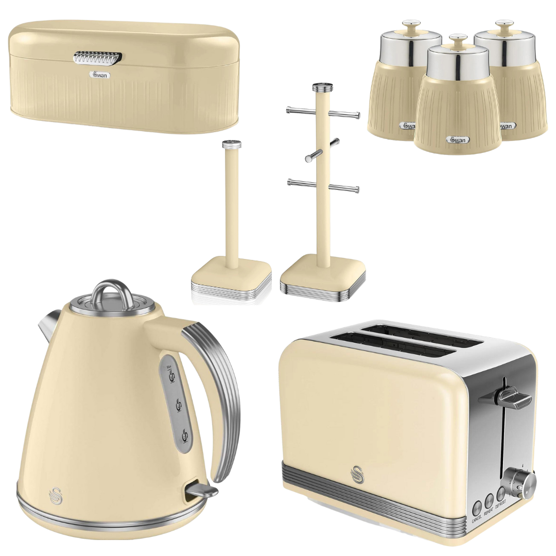 Swan Retro Kitchen Set Cream Kettle, Toaster, Bread Bin, Canisters, Towel Pole, Mug Tree