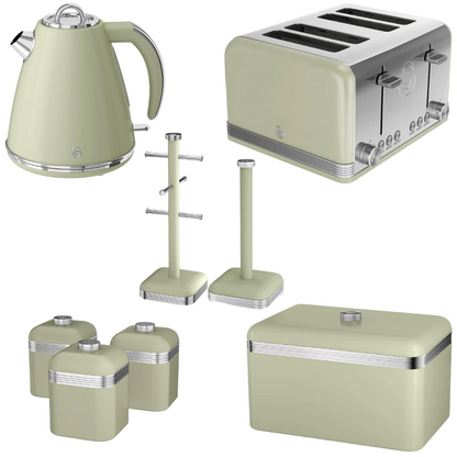 Swan Green Kitchen Set Kettle 4 Slice Toaster Bread Bin Canisters Towel Pole Mug Tree