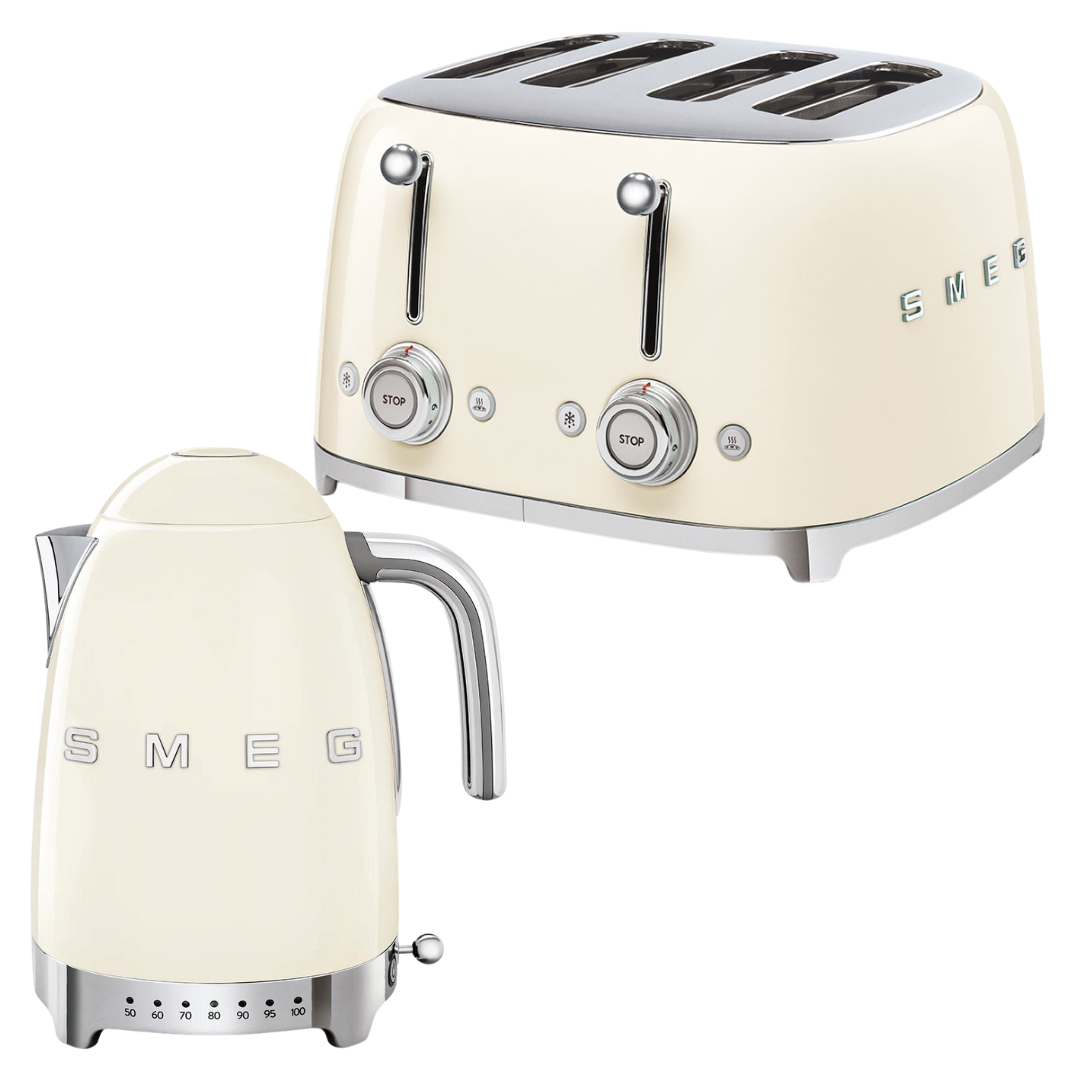 SMEG Kettle & 4 Slice Toaster Temperature Controlled Kitchen Set - Cream