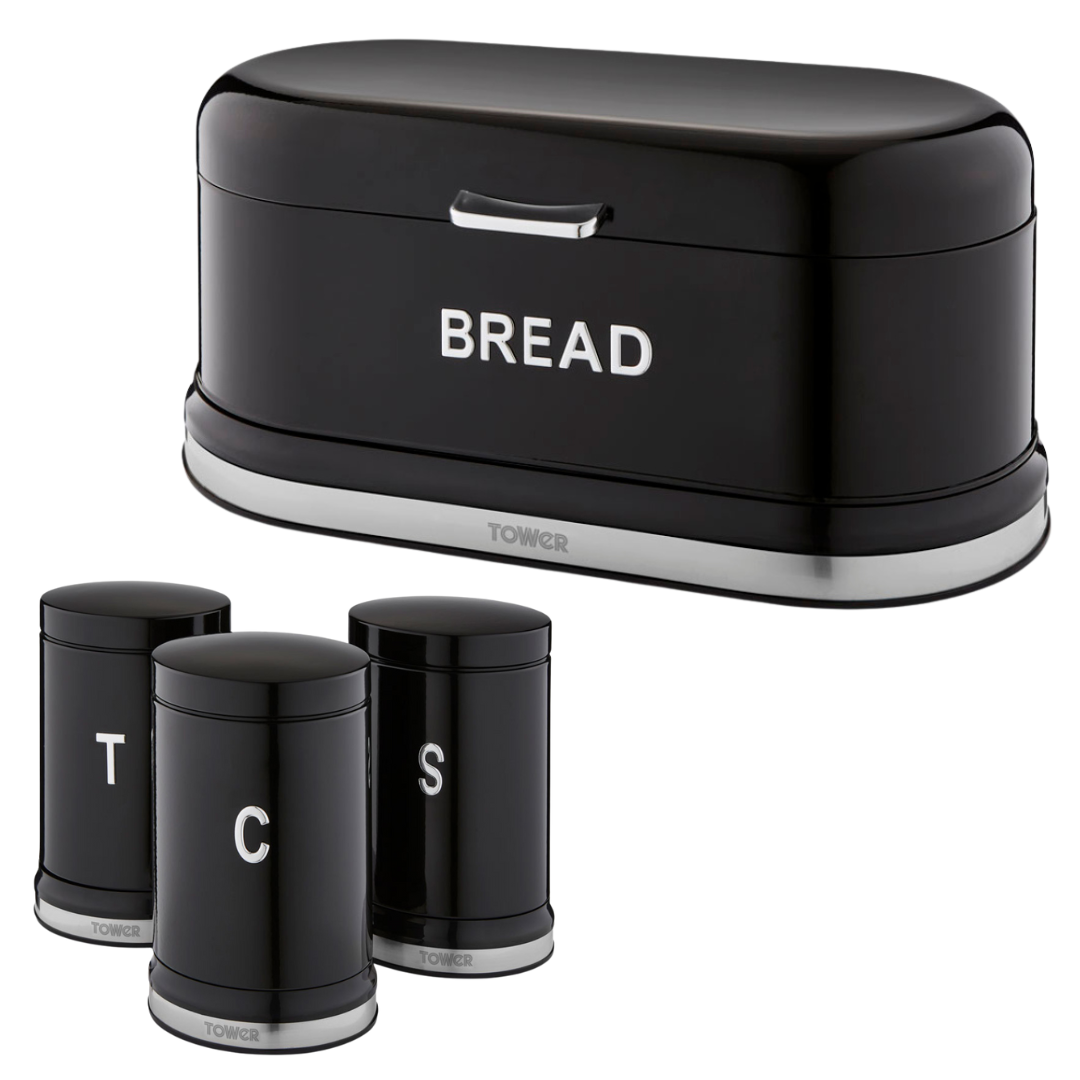 Tower Belle Noir Black Bread Bin and Canister Kitchen Set