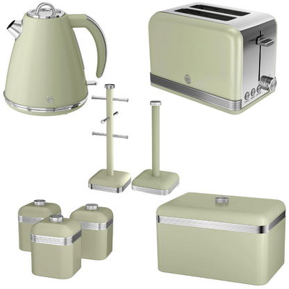 Swan Green Kitchen Set Kettle Toaster Bread Bin Canisters Towel Pole Mug Tree Retro