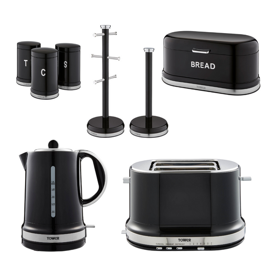 Tower Belle Kitchen Set - Kettle, Toaster, Bread Bin, Canisters, Towel Pole and Mug Tree in Noir Black