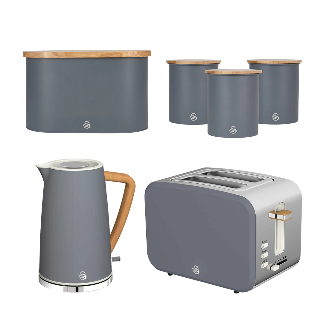 Swan Nordic Kettle, Toaster, Bread Bin & Canister Set (Grey)