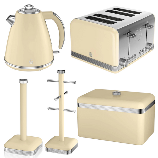 Swan Retro Cream Kitchen Set Kettle, Toaster, Bread Bin, Towel Pole, Mug Tree