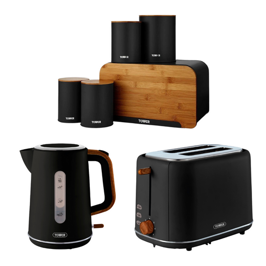 Tower Scandi Black Kitchen Set - Kettle, Toaster, Bread Bin & Canisters