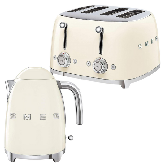 SMEG Cream Beige Kettle and 4 Slice Toaster Set Kitchen Bundle