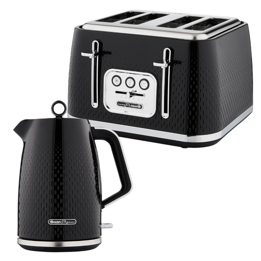 Swan Elegance Kettle & 4 Slice Toaster Black Kitchen Set Bundle