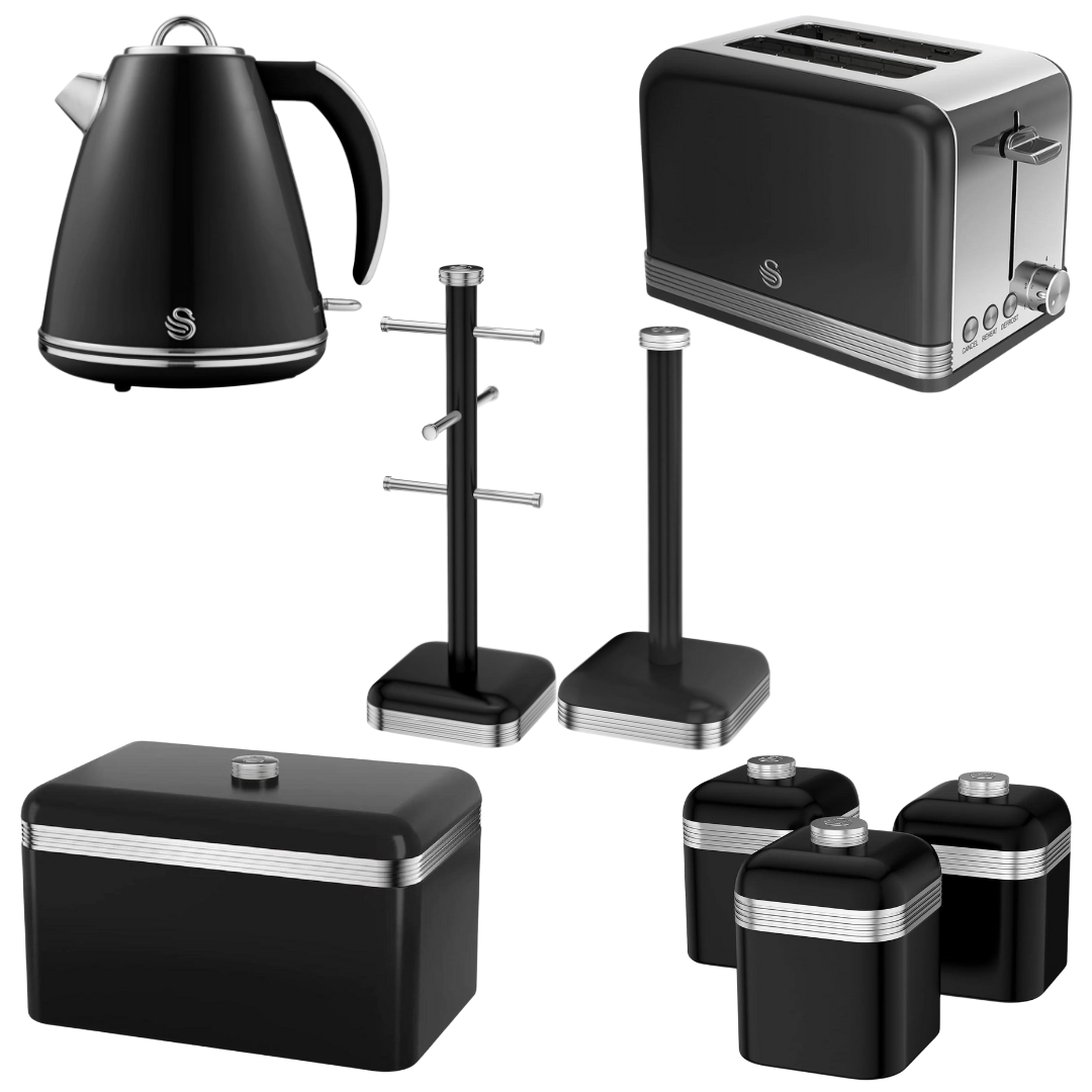 Swan Black Kitchen Set Kettle 2 Slice Toaster Bread Bin Canisters Towel Pole Mug Tree Retro Bundle