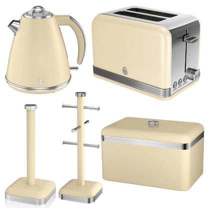 Swan Retro Cream Kitchen Set Kettle, Toaster, Bread Bin, Towel Pole, Mug Tree