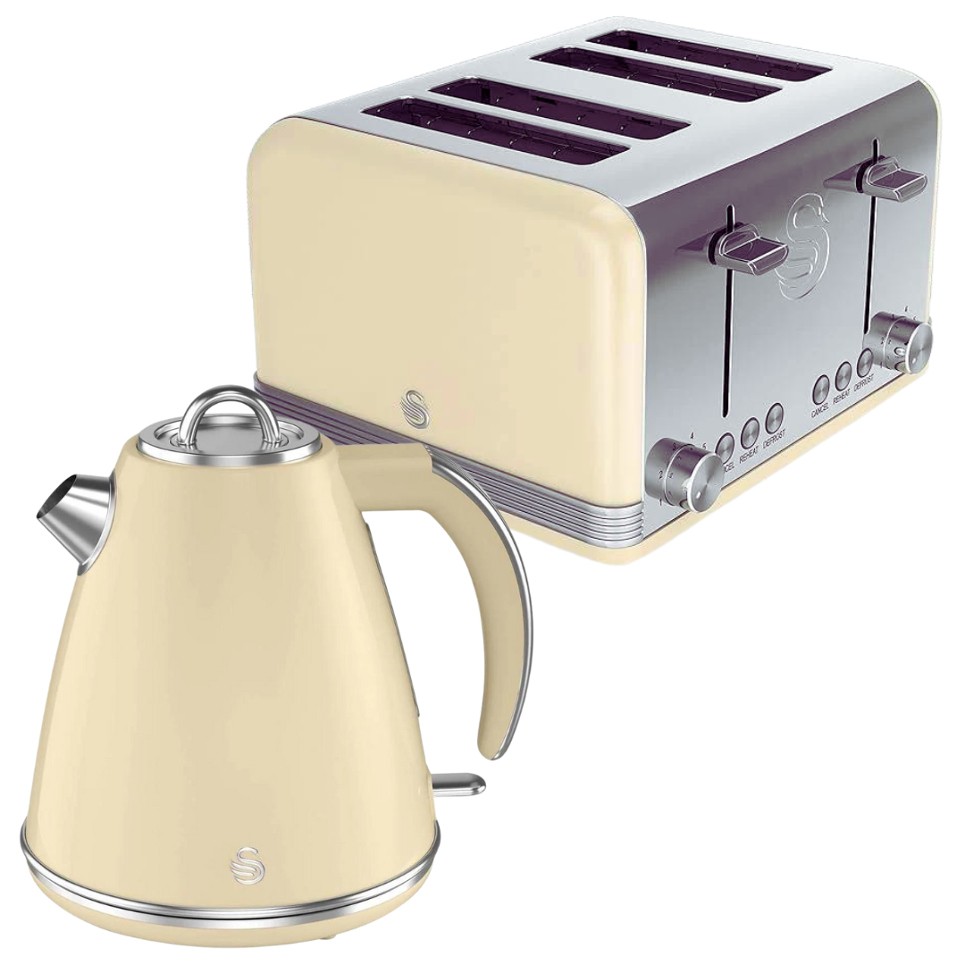 Swan Retro Cream Kettle and 4 Slice Toaster Set