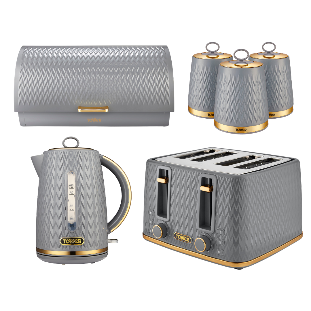 Tower Empire Kettle, Toaster, Bread Bin & Canisters Kitchen Set (Grey)